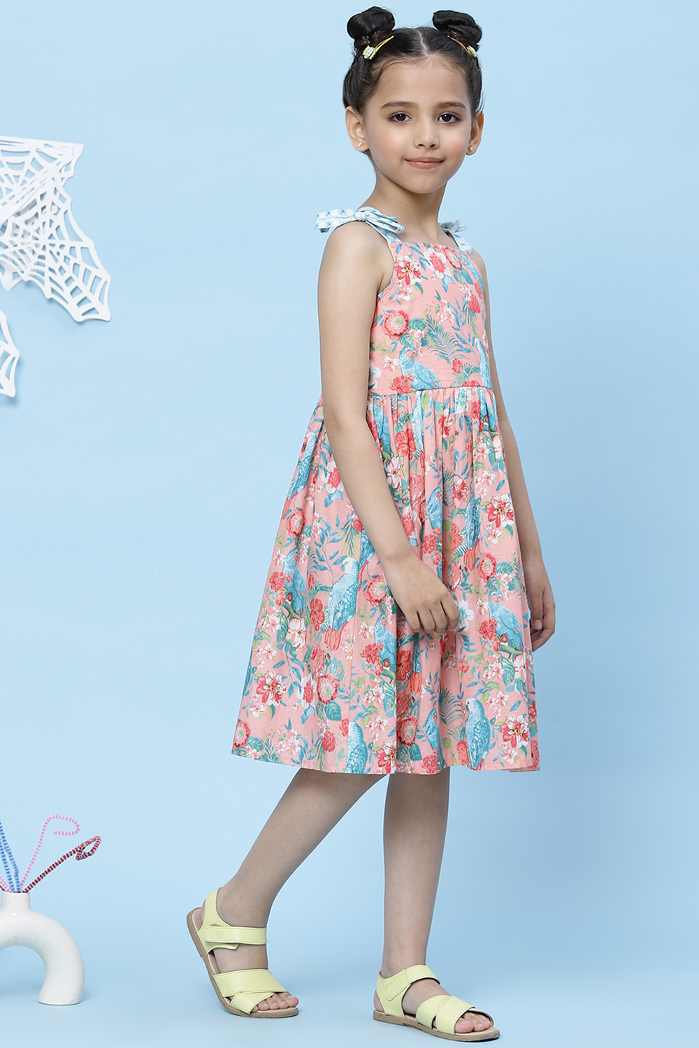 Peach Cotton A-Line Printed Dress image number 3