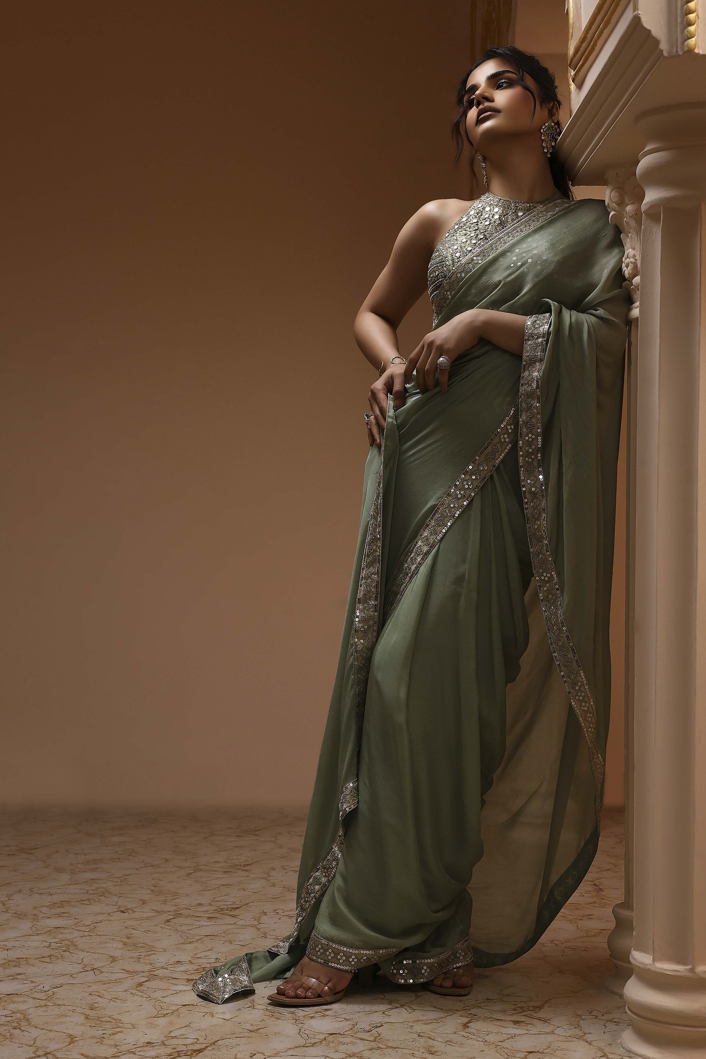 Sage Green Pure Chinnon Pre-Draped Saree image number 4