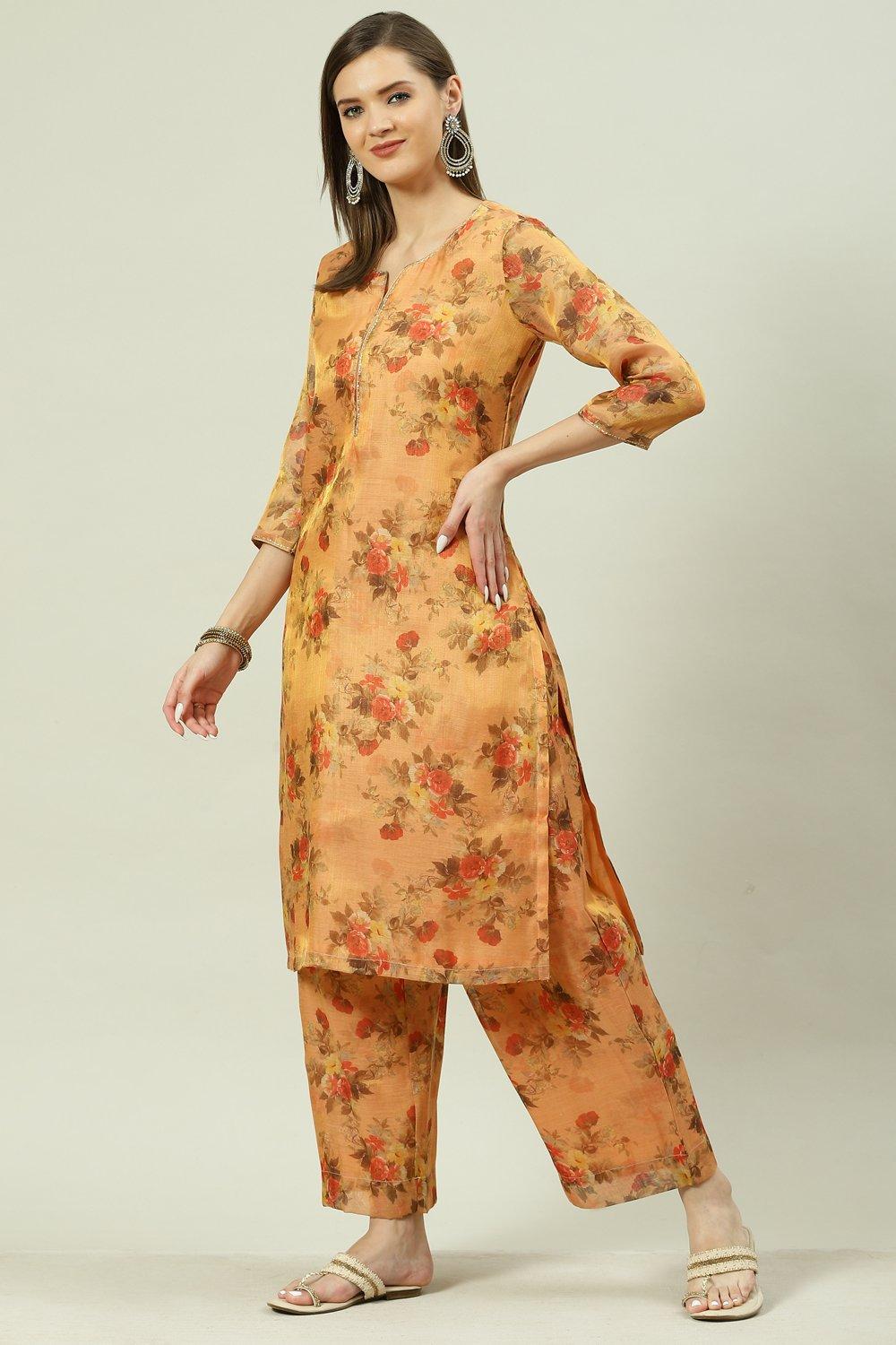 Peach Printed Straight Kurta Palazzo Suit Set image number 0