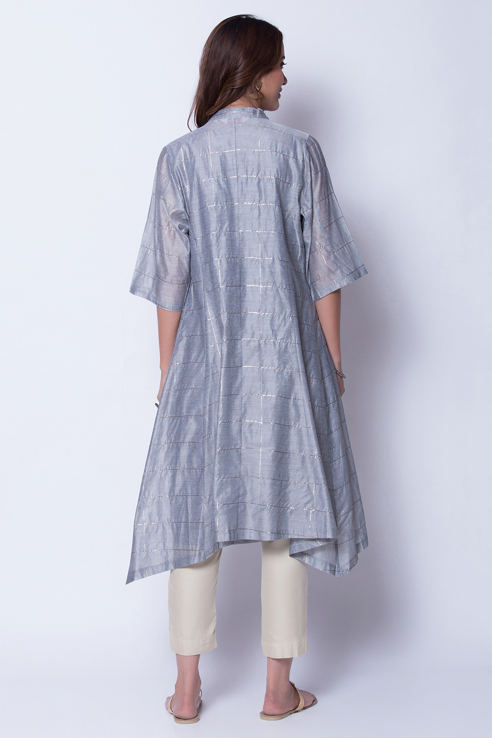 Grey Poly Metallic Cotton Front Open Yarndyed Kurta image number 5