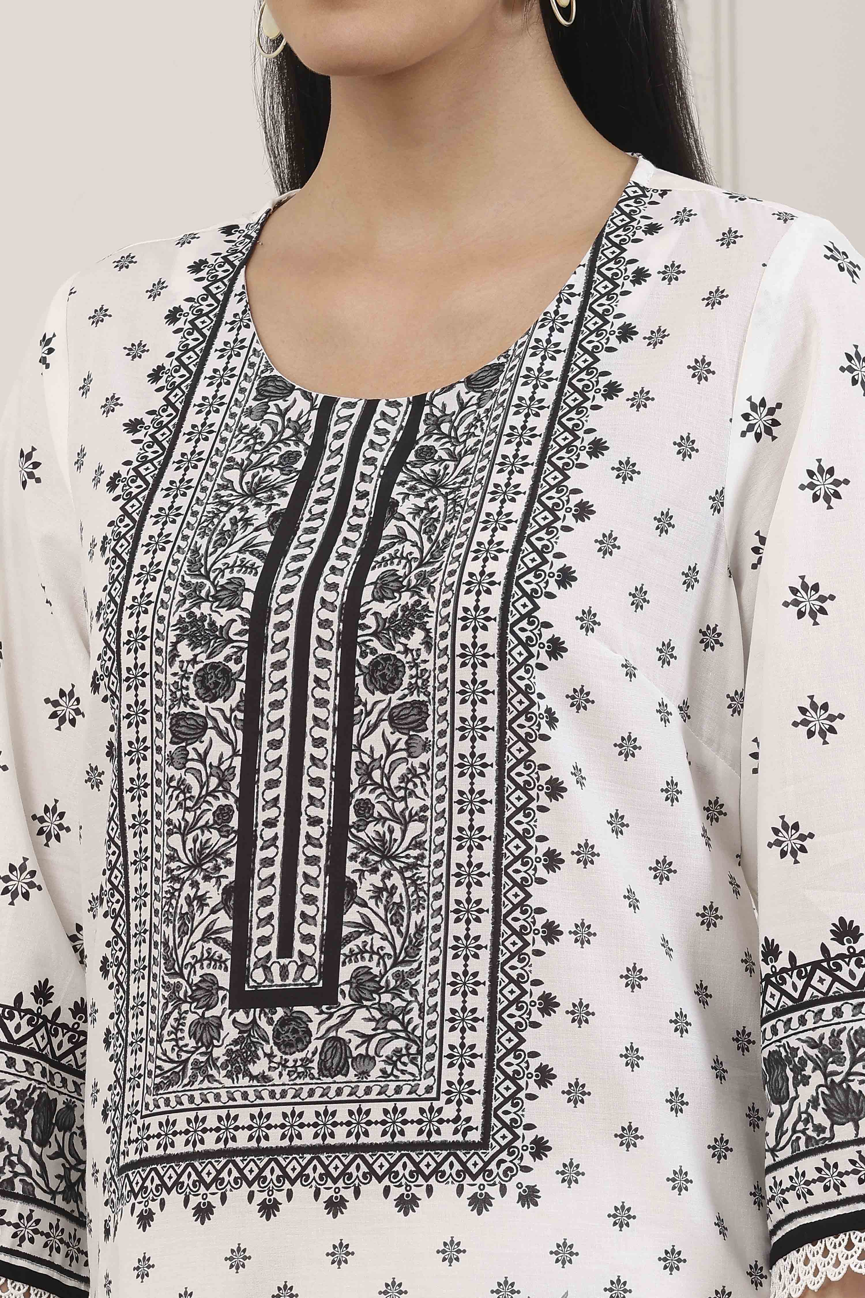 Blue Cotton Ethnic Motifs Printed Straight Kurta image number 1