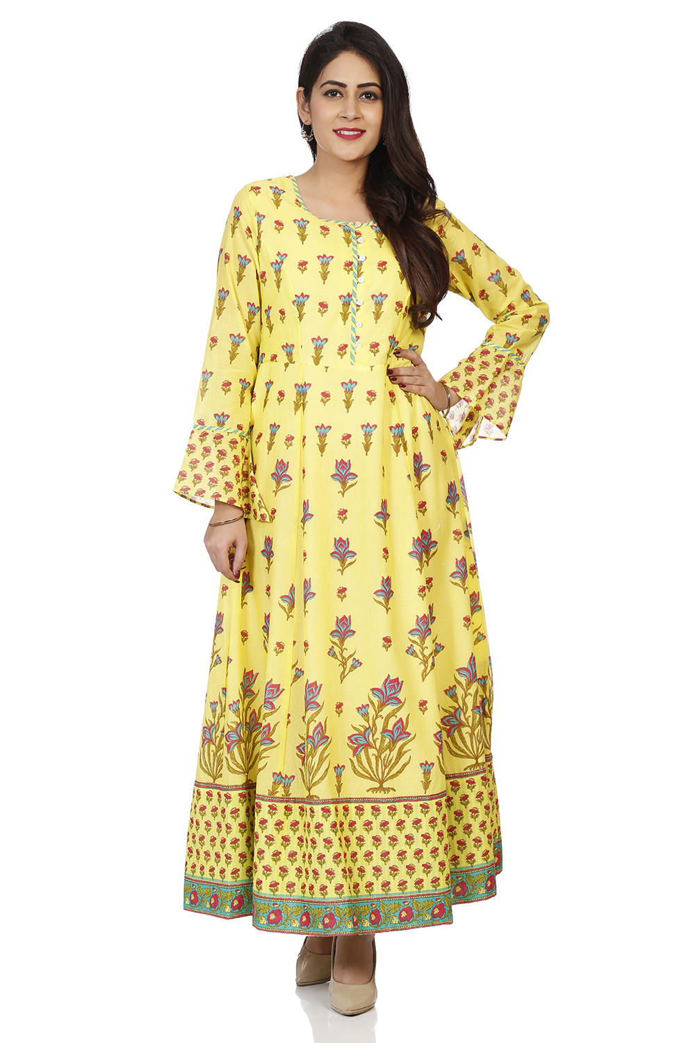 Lemon Yellow Cotton Kalidar Printed Kurta image number 0