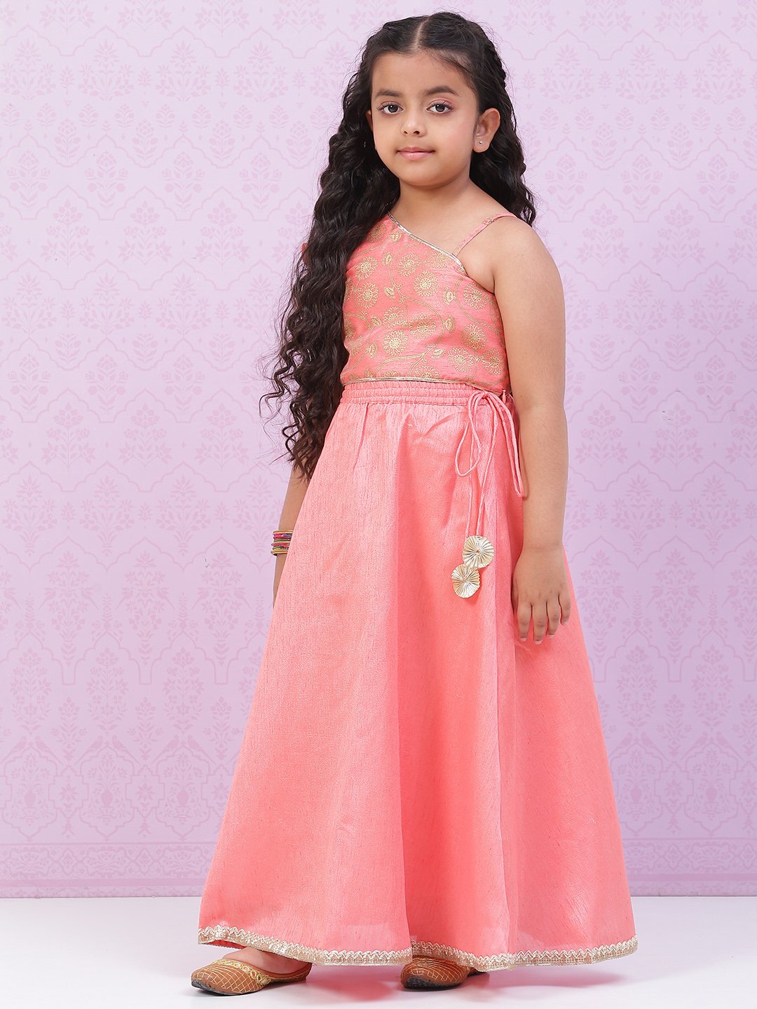 Peach Art Silk Girls Lehenga Set image number 3