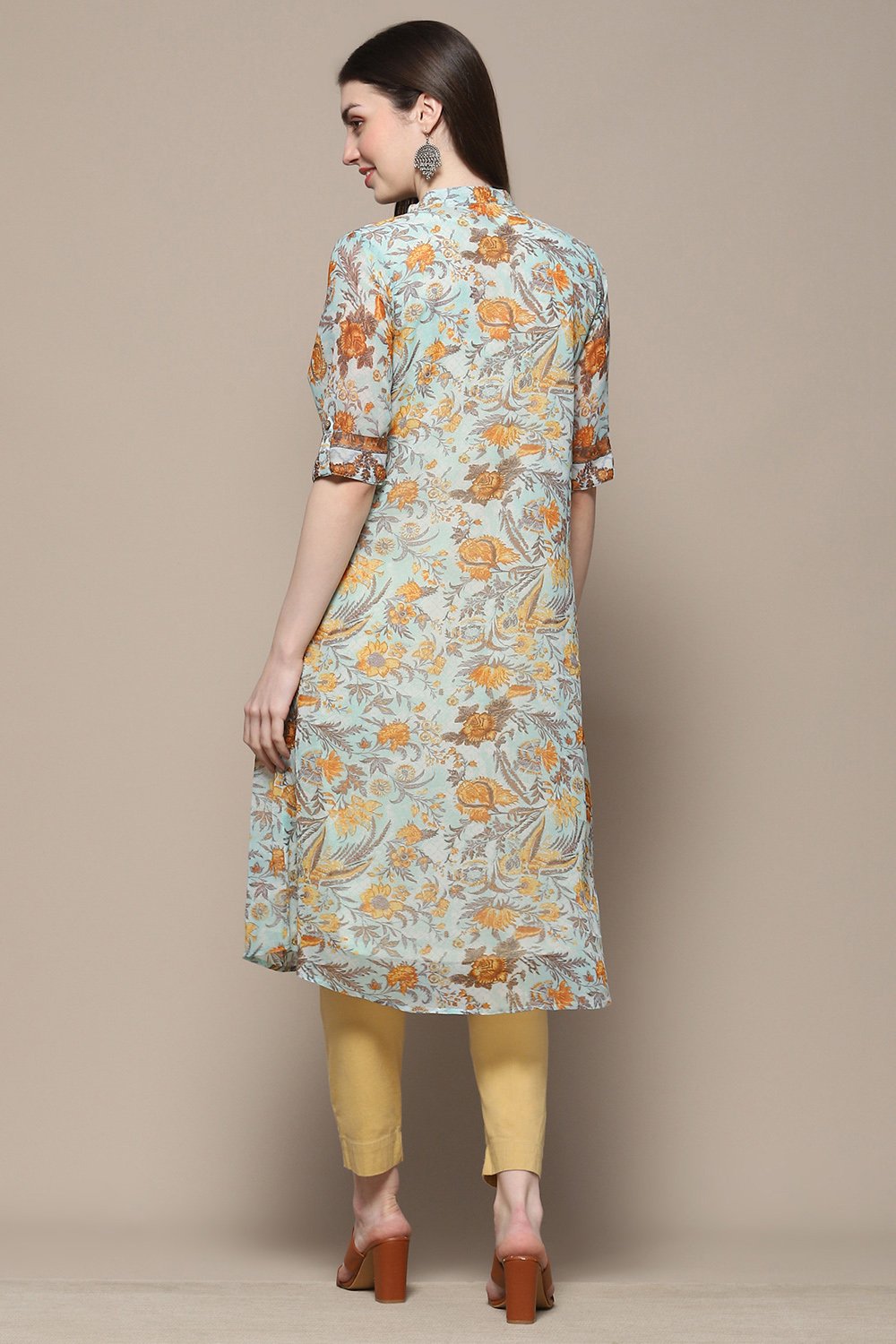 Yellow Teal Polyester Straight Kurta image number 3