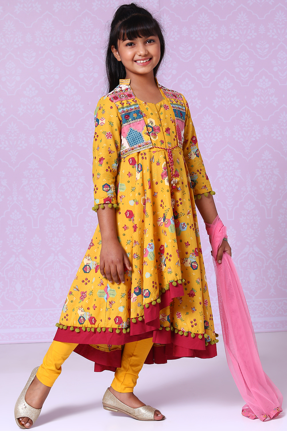 Yellow Cotton A-Line Kurta Churidar Suit Set image number 0