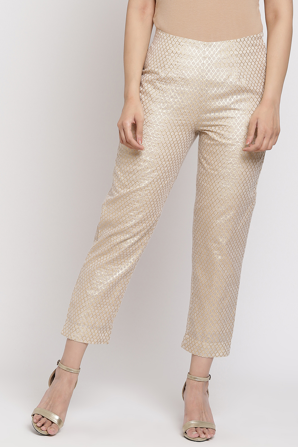 Beige And Gold Poly Cotton Pants image number 3