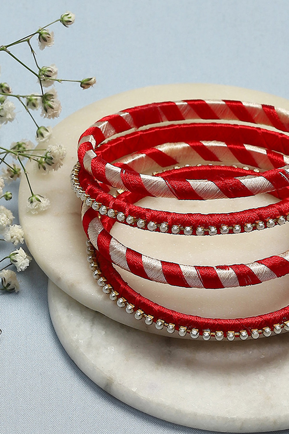 Red & White Plastic & Thread Bangles image number 1
