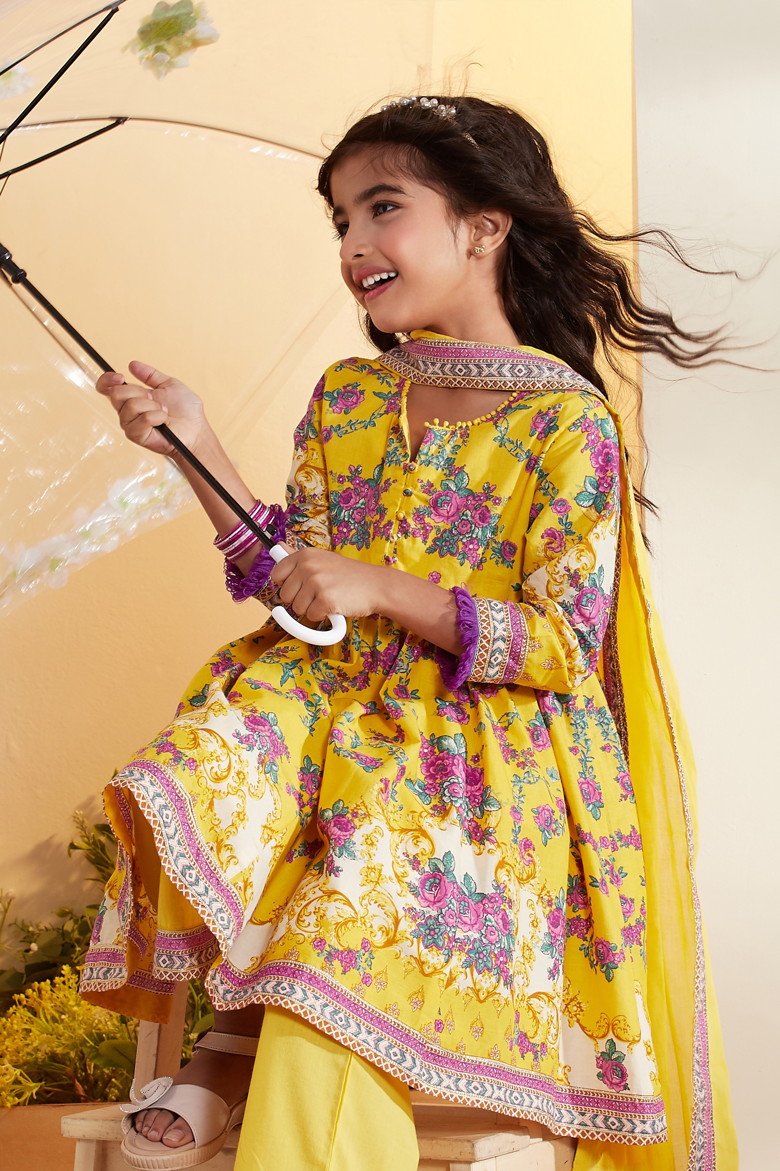 Yellow Cotton Floral Printed Anarkali Kurta Set image number 1