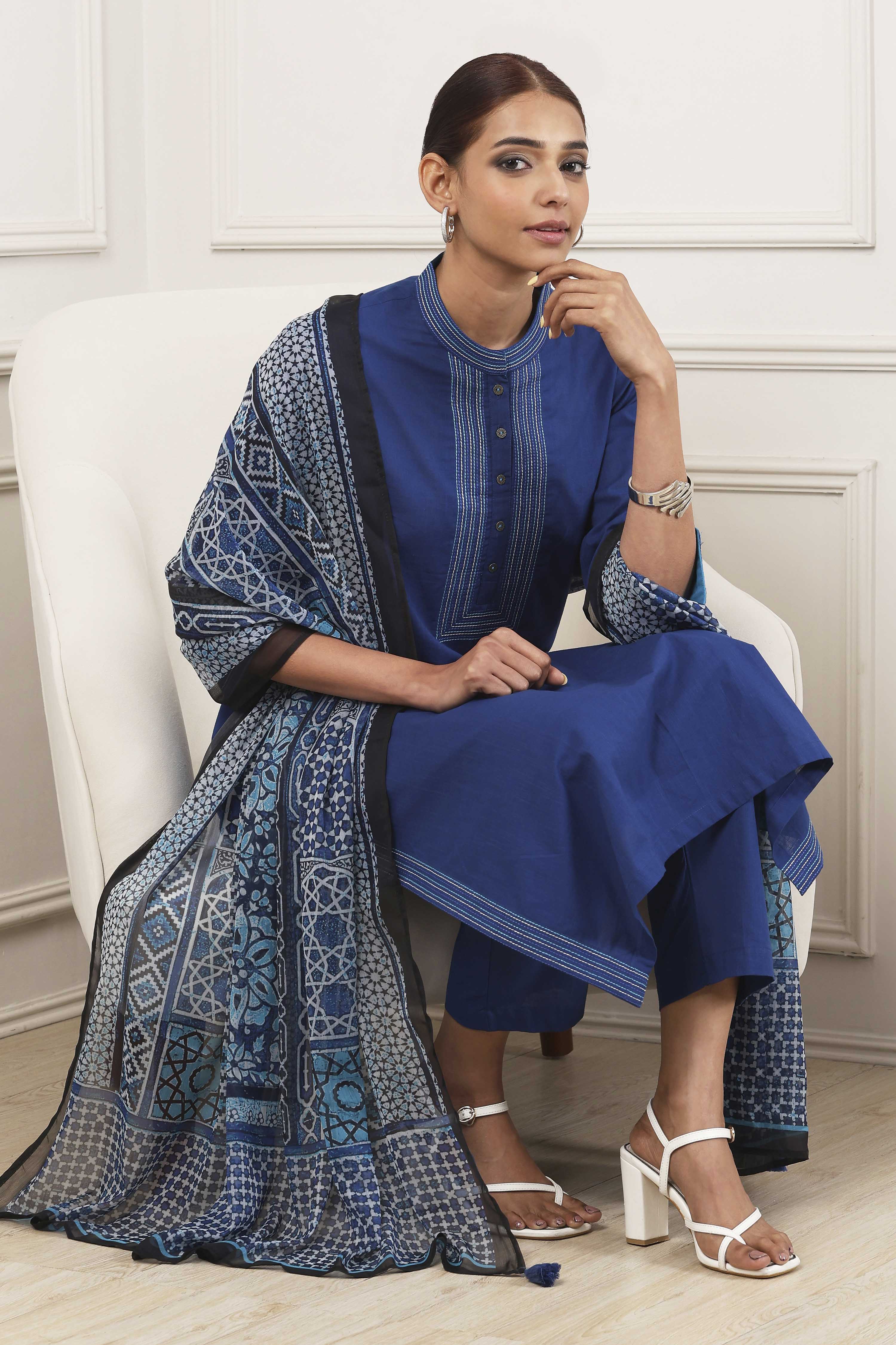 Indigo Cotton Solid Straight Suit Set image number 0