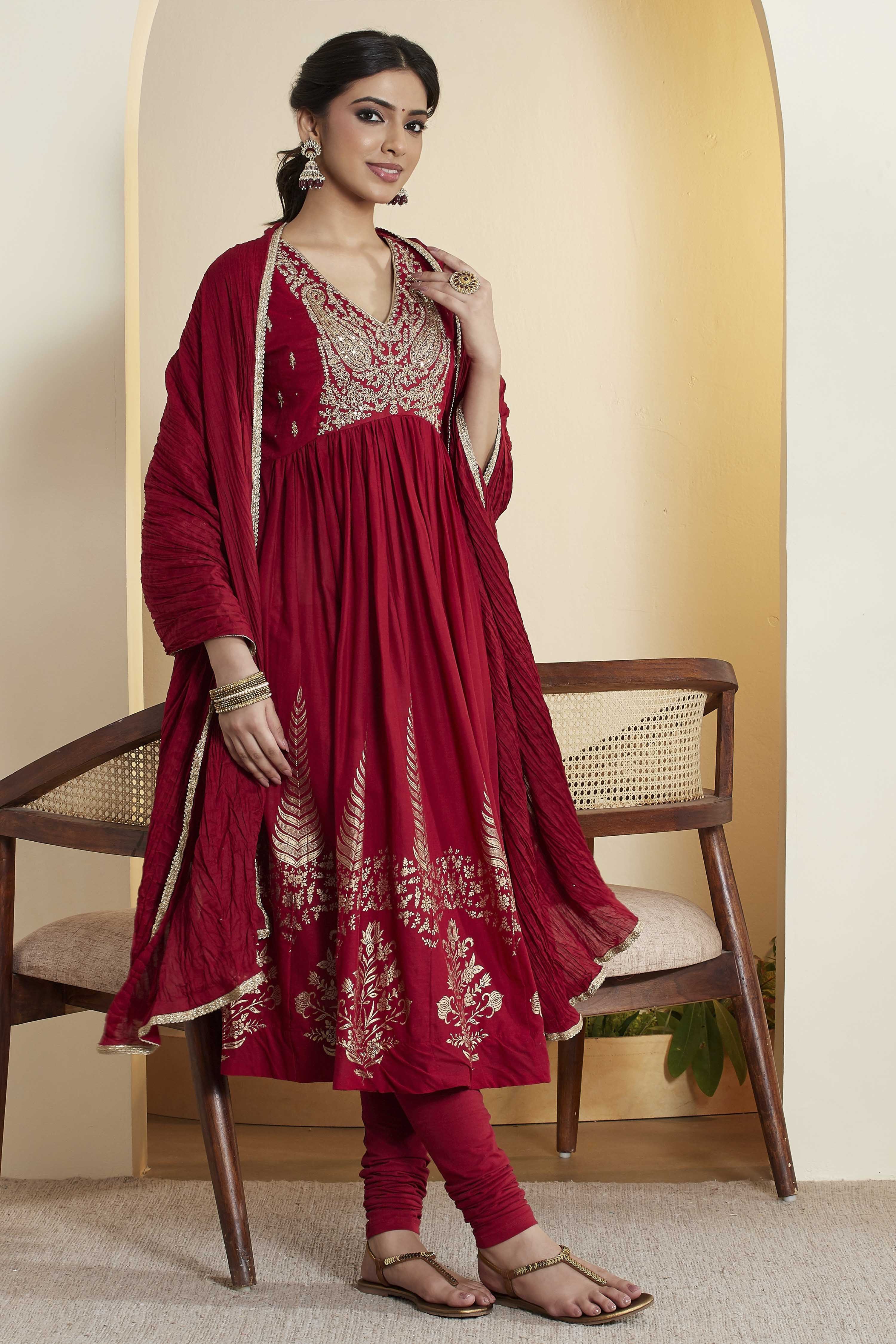 Red Cotton Anarkali Suit Set image number 0