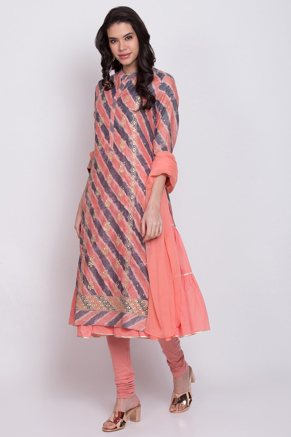 Peach Art Silk A-Line Kurta Churidar Suit Set image number 2