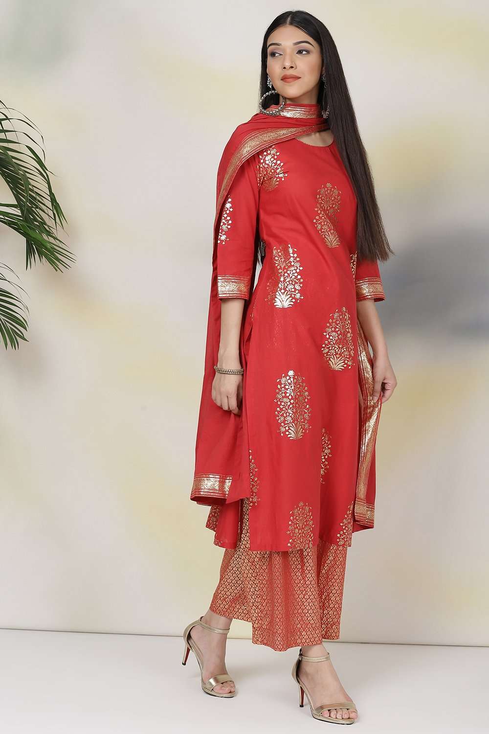 Red Straight Cotton Straight Kurta Palazzo Suit Set image number 5