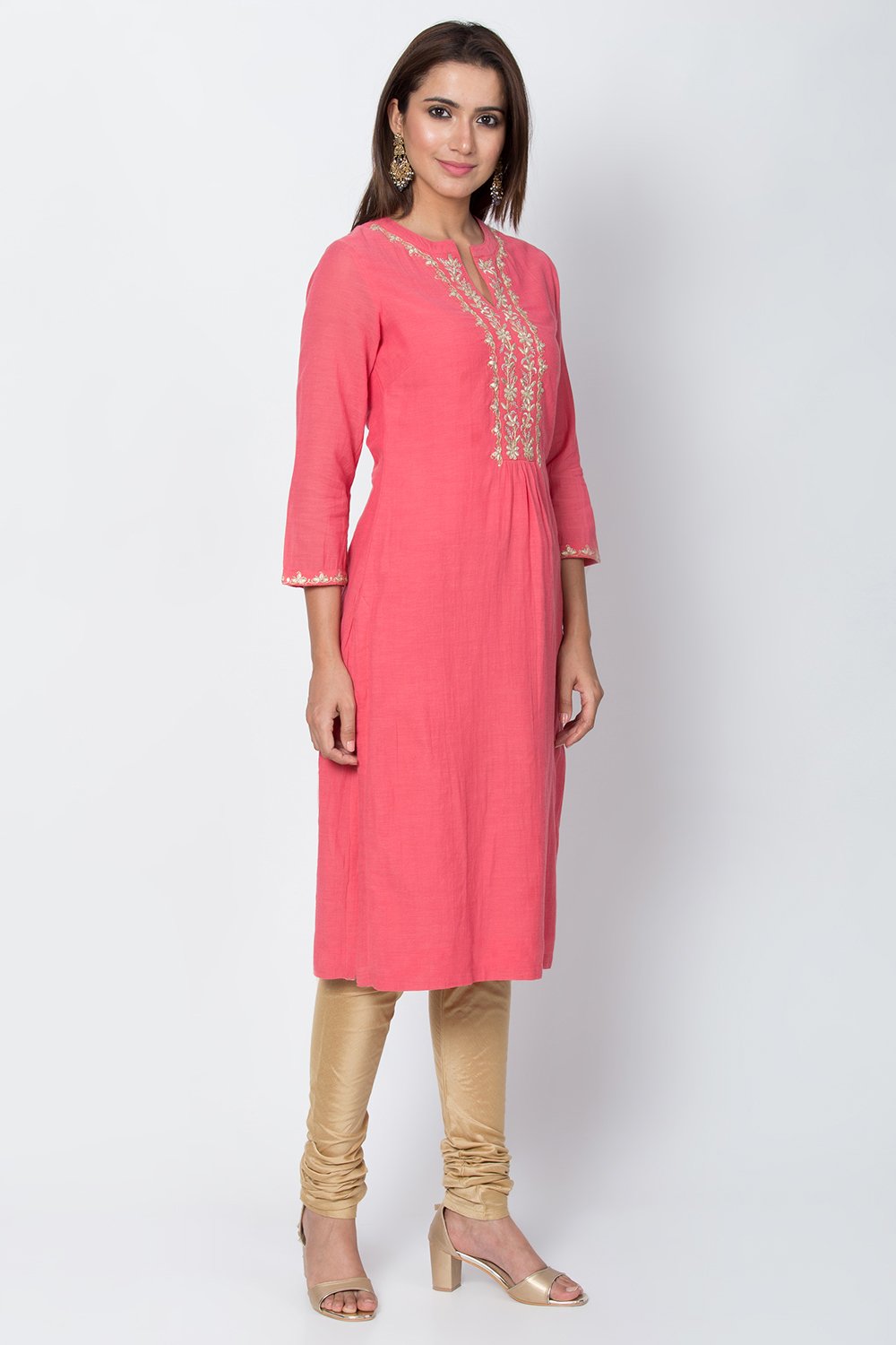 Coral Cotton And Viscose Straight Solid Kurta image number 4