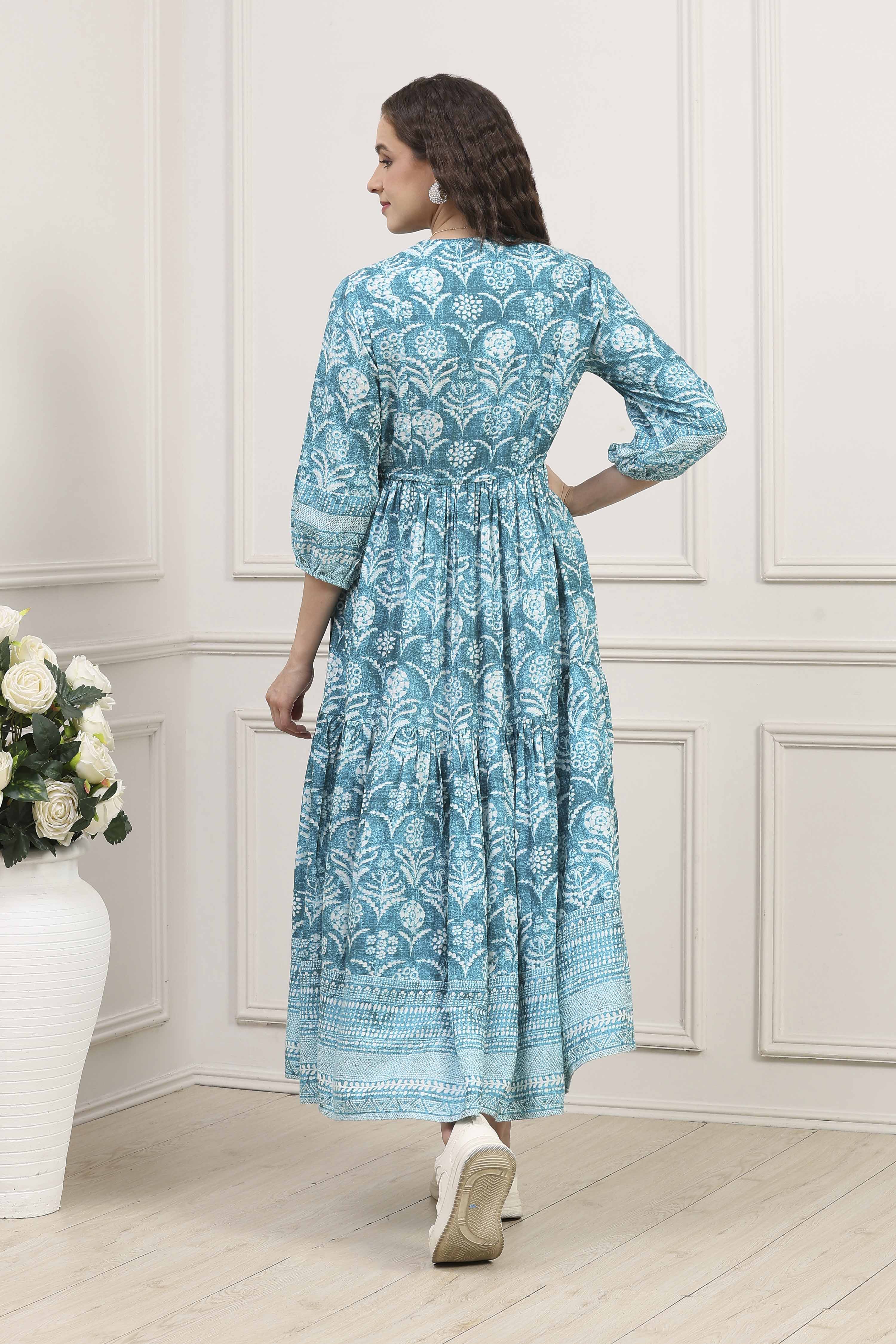 Turquoise Printed Tiered Dress image number 3