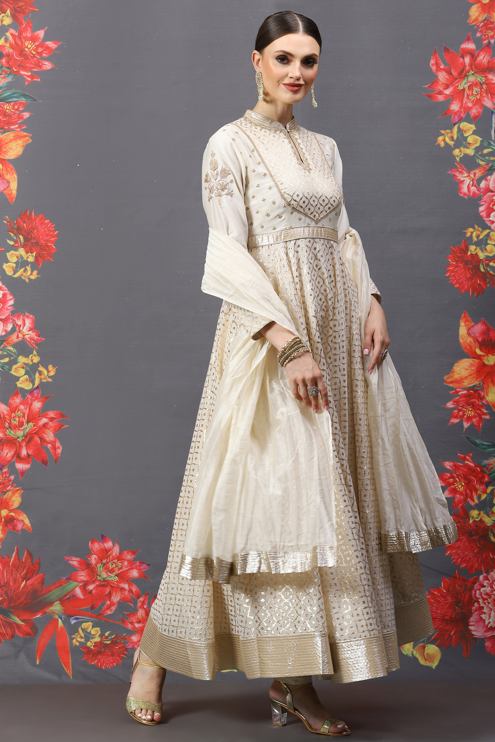 Rohit Bal Cream Cotton Silk Anarkali Yarndyed Suit Set image number 6