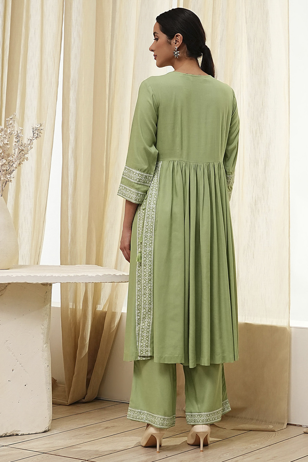 Olive Green Embroidered Gathered Suit Set image number 4
