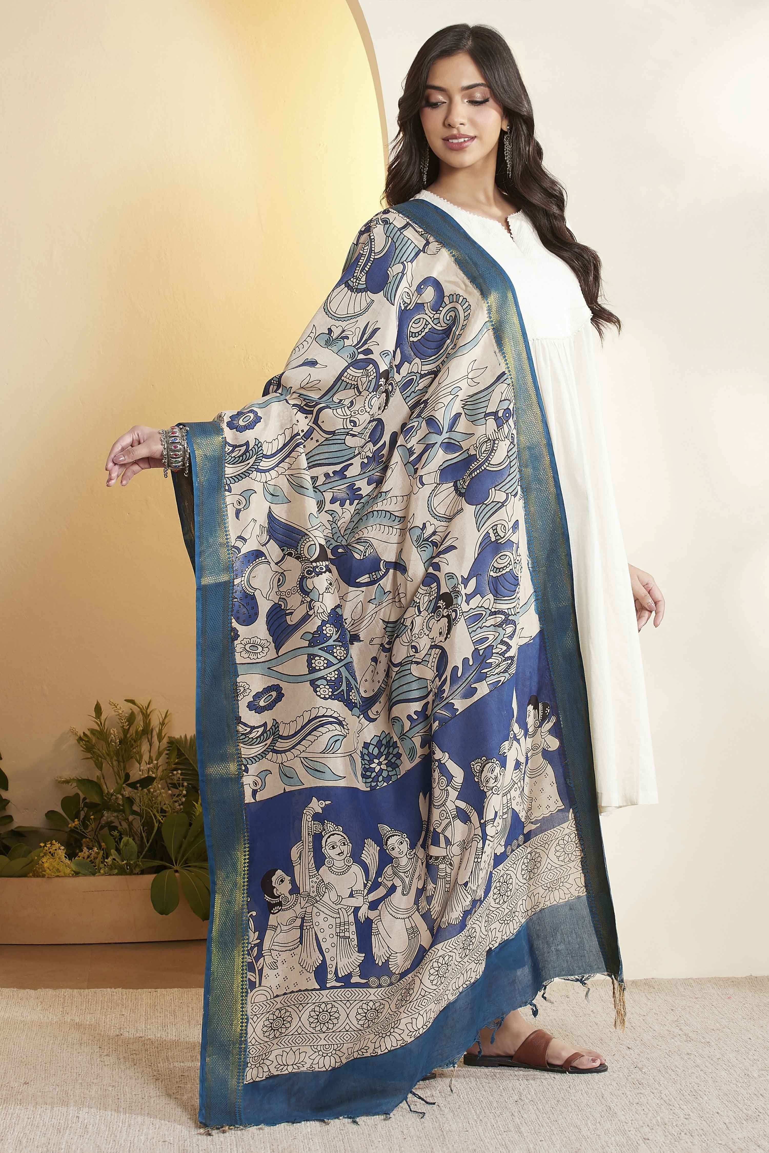 Blue Chennur Silk Printed Dupatta image number 4