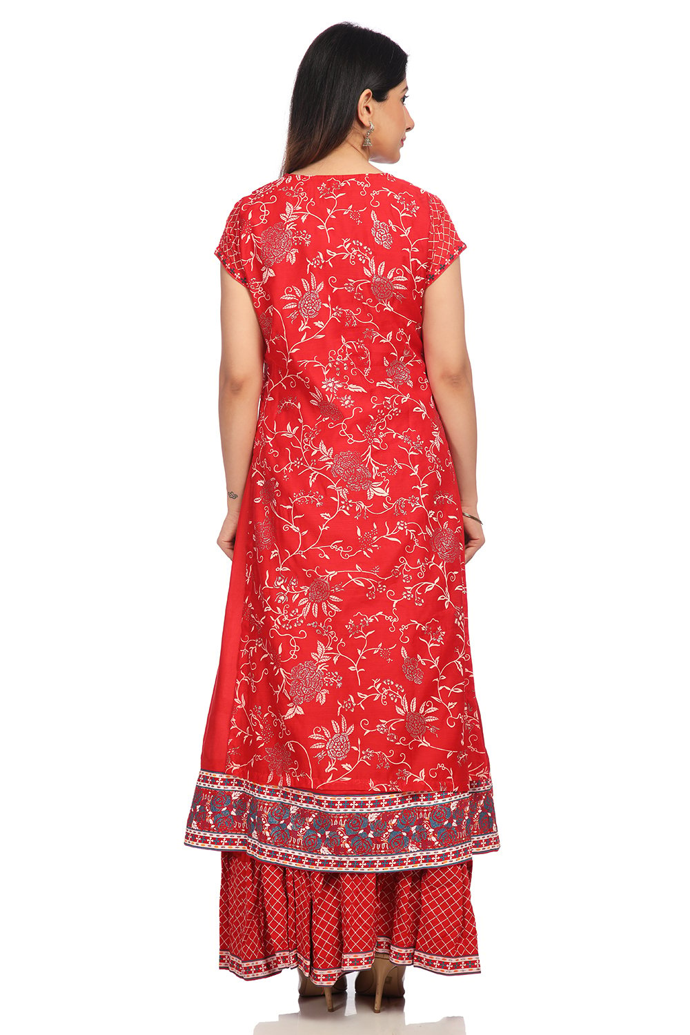 Red Poly Cotton A-Line Printed Kurta image number 5