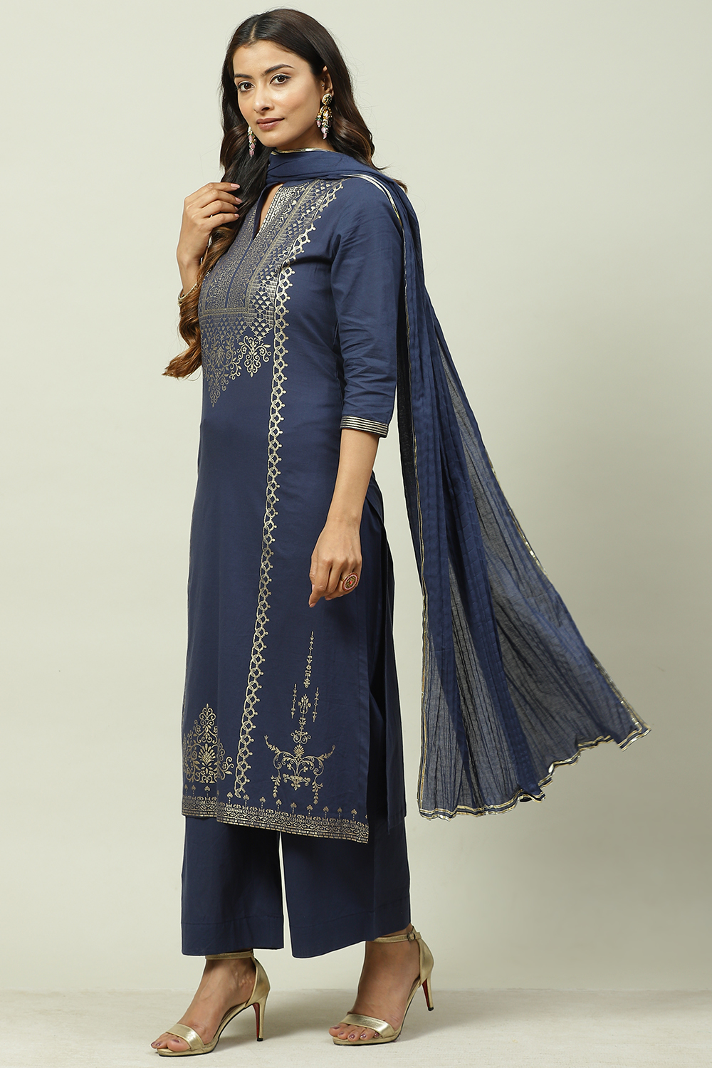 Mustard Printed Cotton Straight Kurta Palazzo Suit Set image number 5