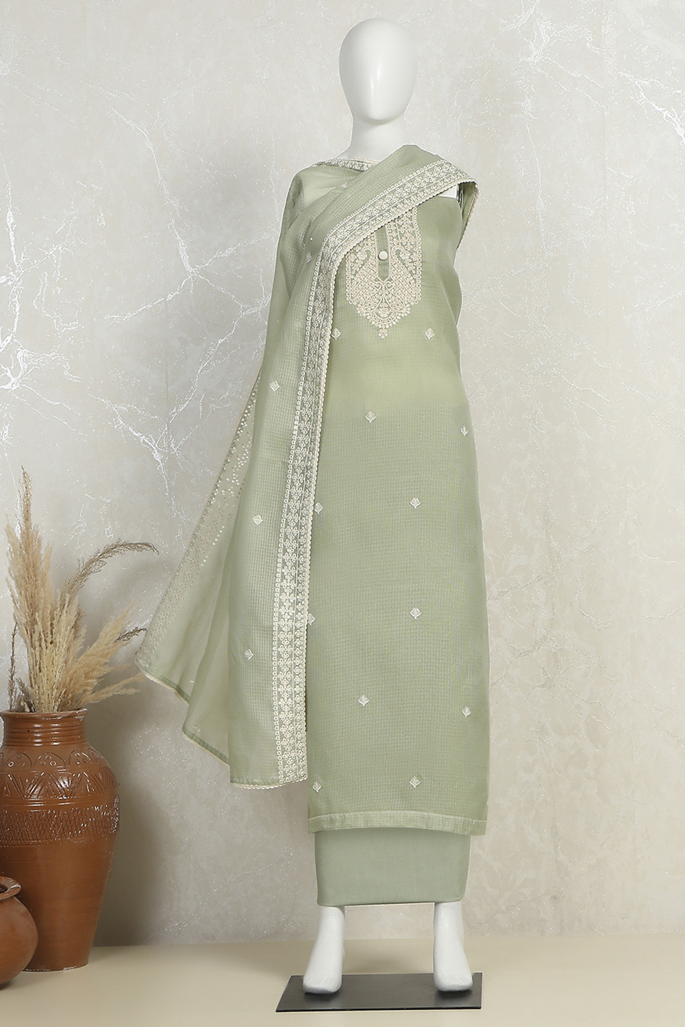 Green Cotton Embroidered Unstitched Suit Set image number 4