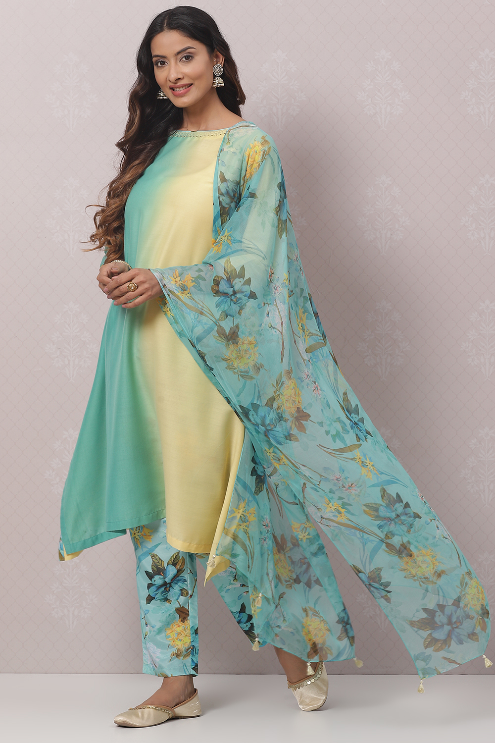 Sea Green And Pale Yellow Poly Viscose Asymmetric Kurta Pant Suit Set image number 5