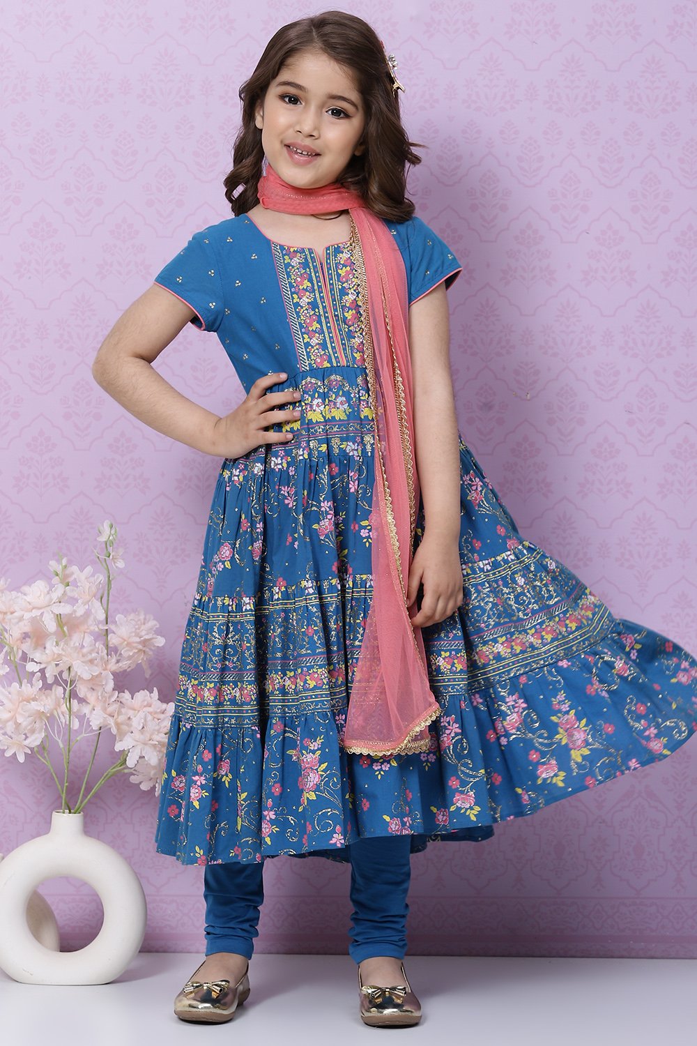 Blue Cotton Anarkali Kurta Churidar Suit Set image number 7