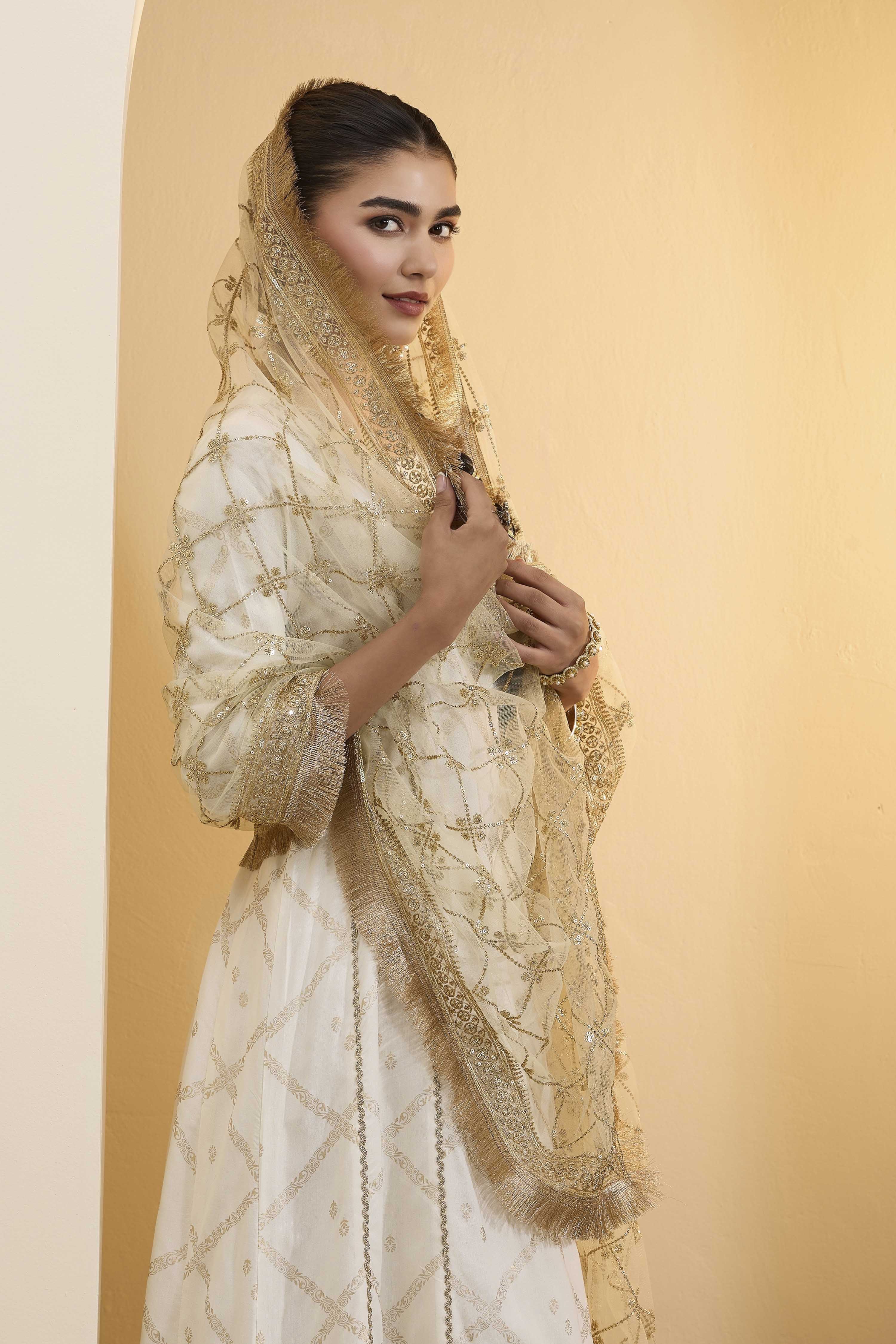 Light Gold Poly Bridal Embellished Dupatta image number 4