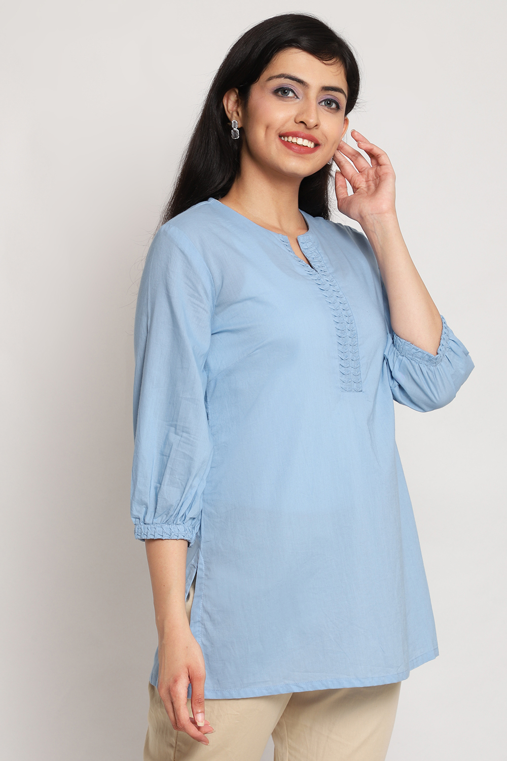 Sky Blue Cotton Short Solid Kurti image number 3