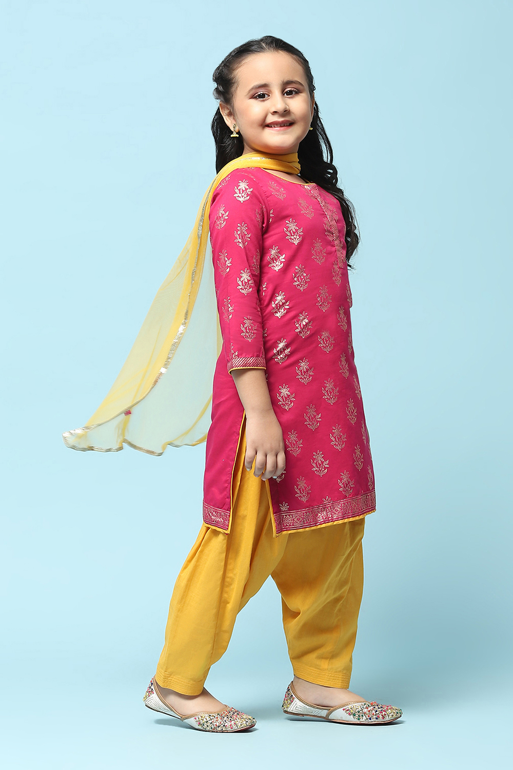 Fuchsia Cotton Straight Printed Kurta Patiyala Salwar Suit Set image number 6