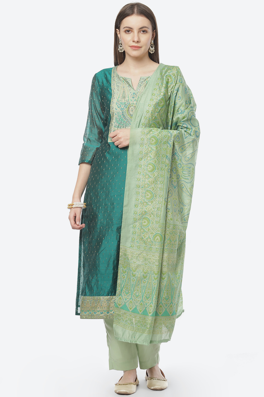 Turquoise Cotton Blend Hand Embroidered Unstitched Suit Set image number 0