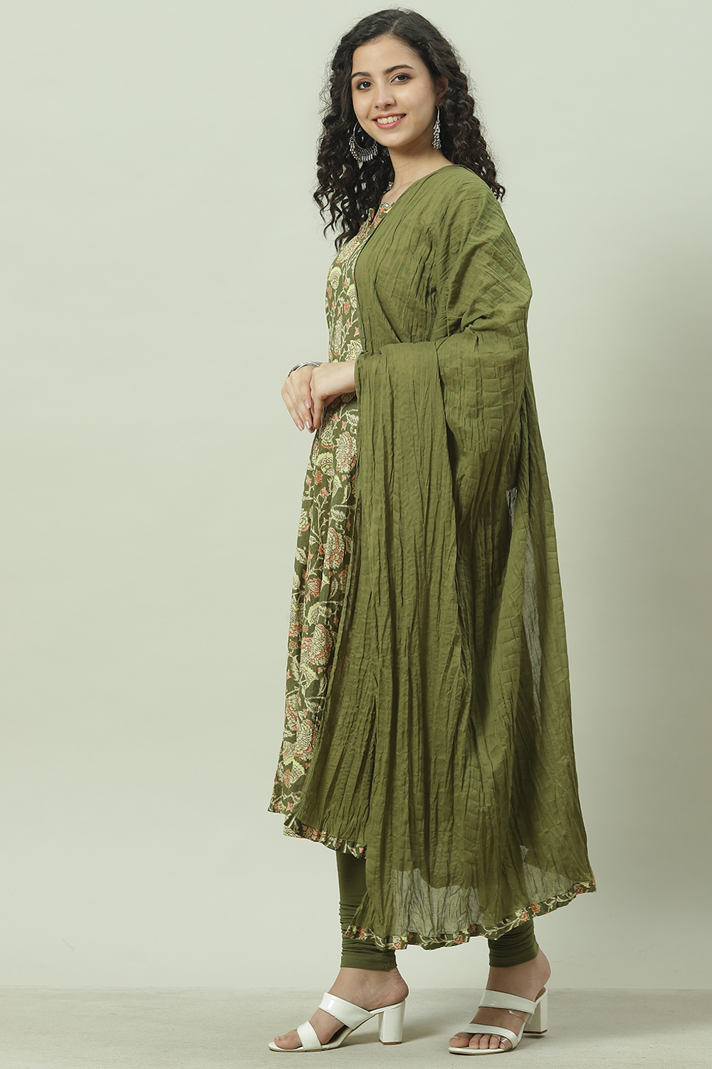 Green Cotton Kalidar Kurta Churidar Suit Set
