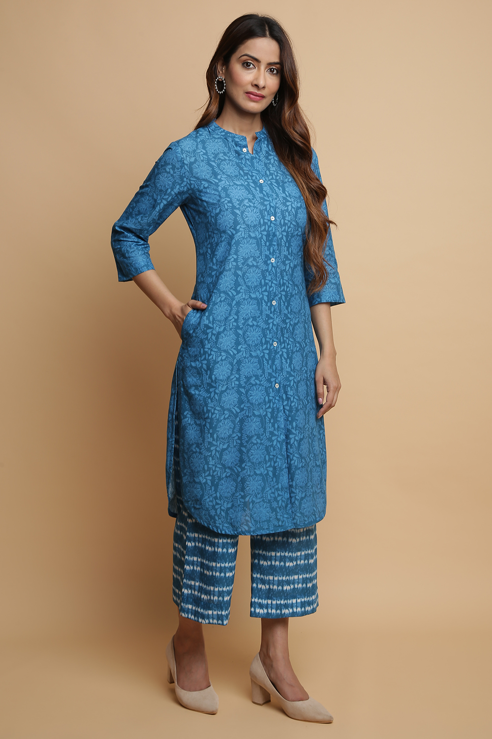 Teal Cotton Straight Kurta Pants Set image number 4