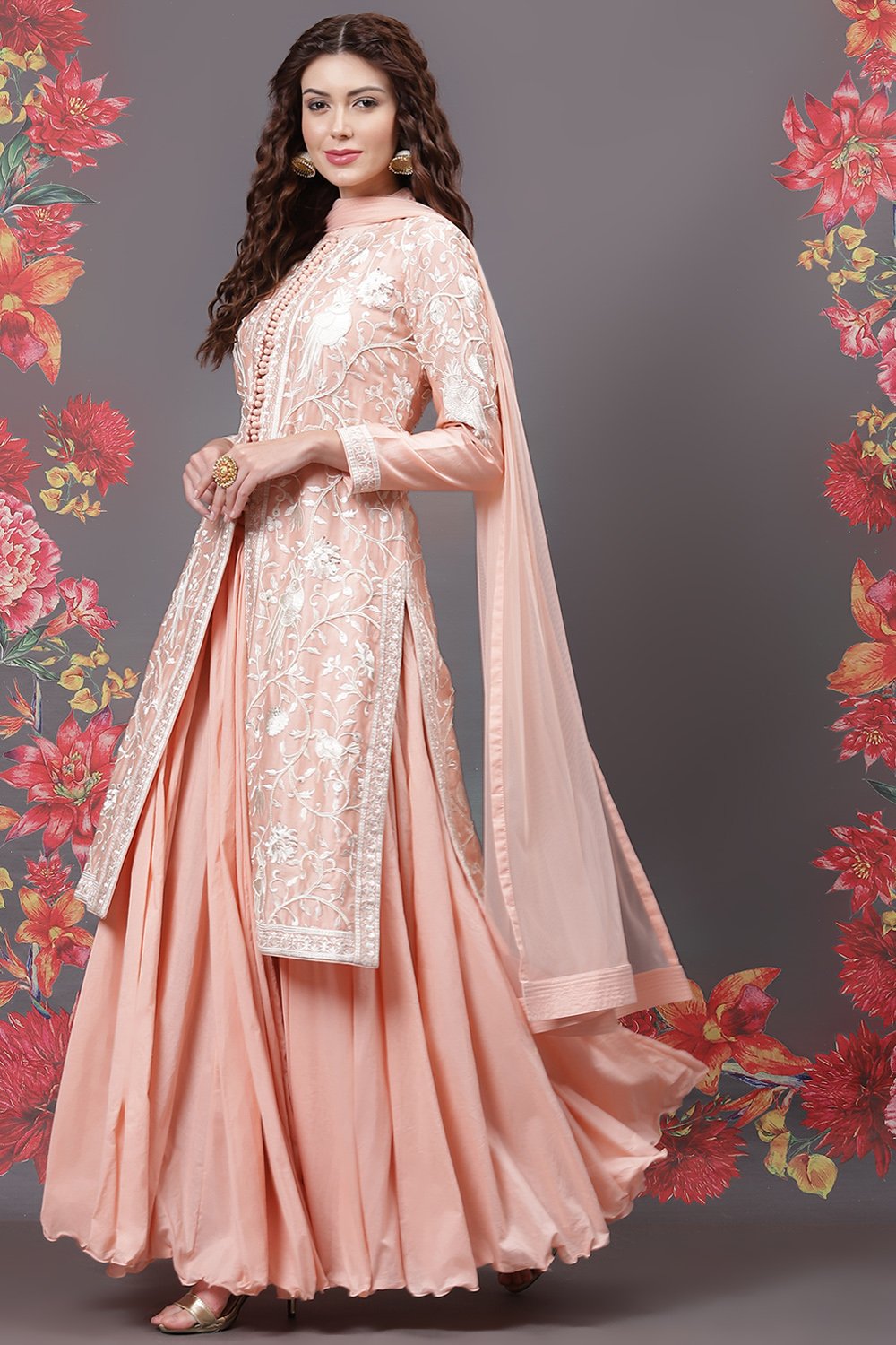 Rohit Bal Peach Cotton Silk Straight Yarndyed Suit Set image number 7
