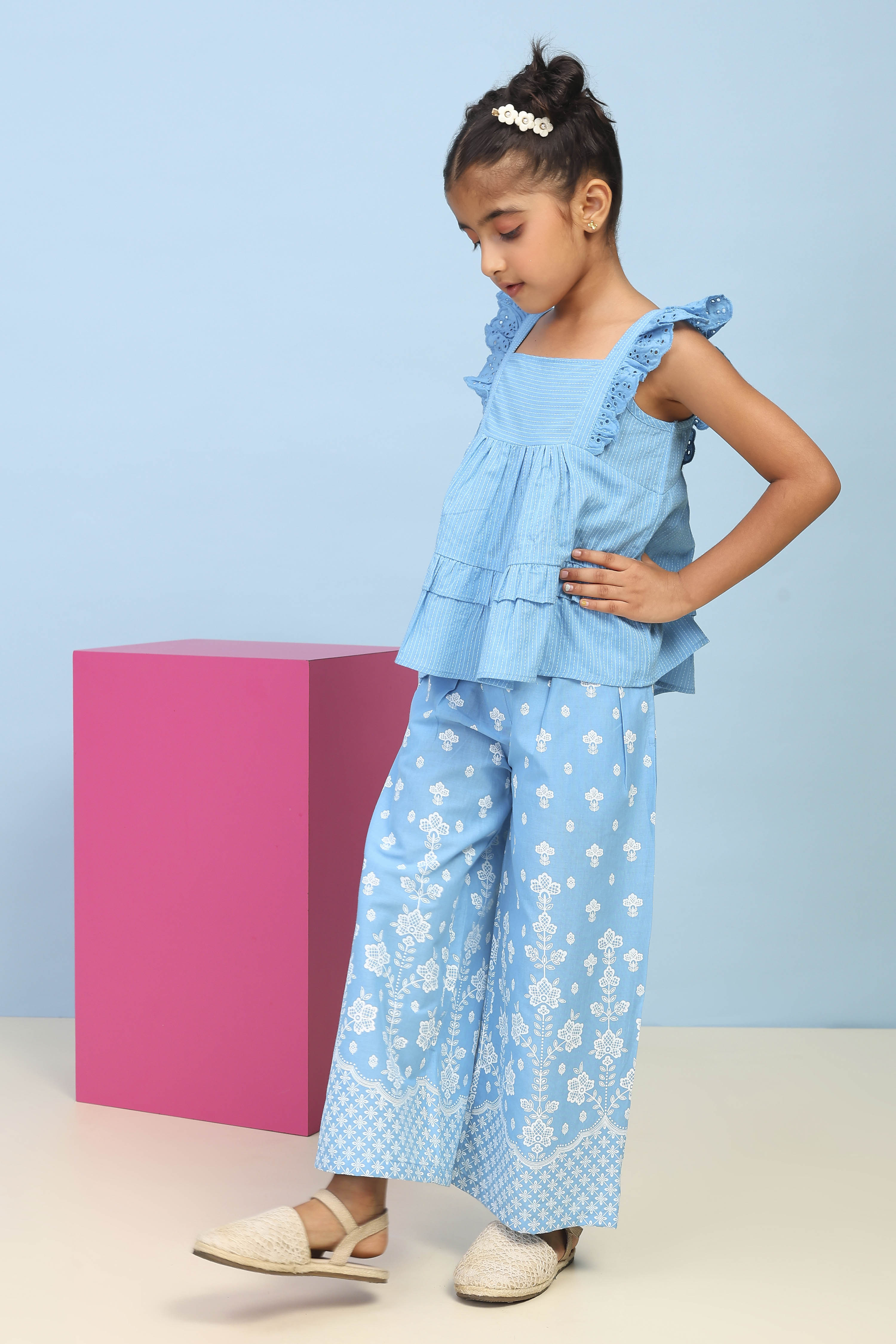 Blue Cotton Printed A-line Suit Set image number 3