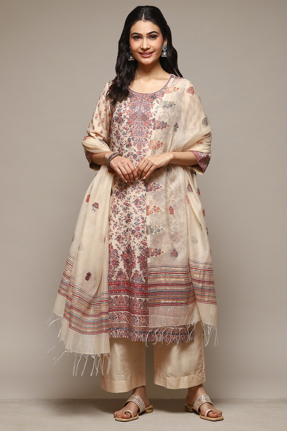 Beige Cotton Blend Straight Yarndyed Kurta Suit Set image number 7