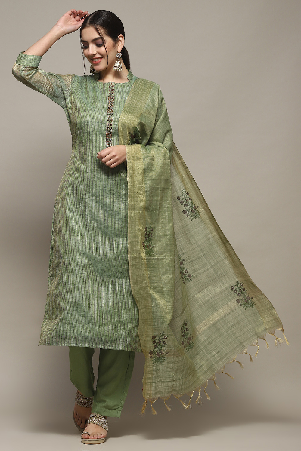 Earthy Yellow Chanderi Unstitched Suit set image number 1