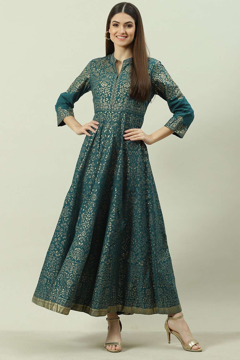 Teal Cotton Flared Printed Dress image number 0