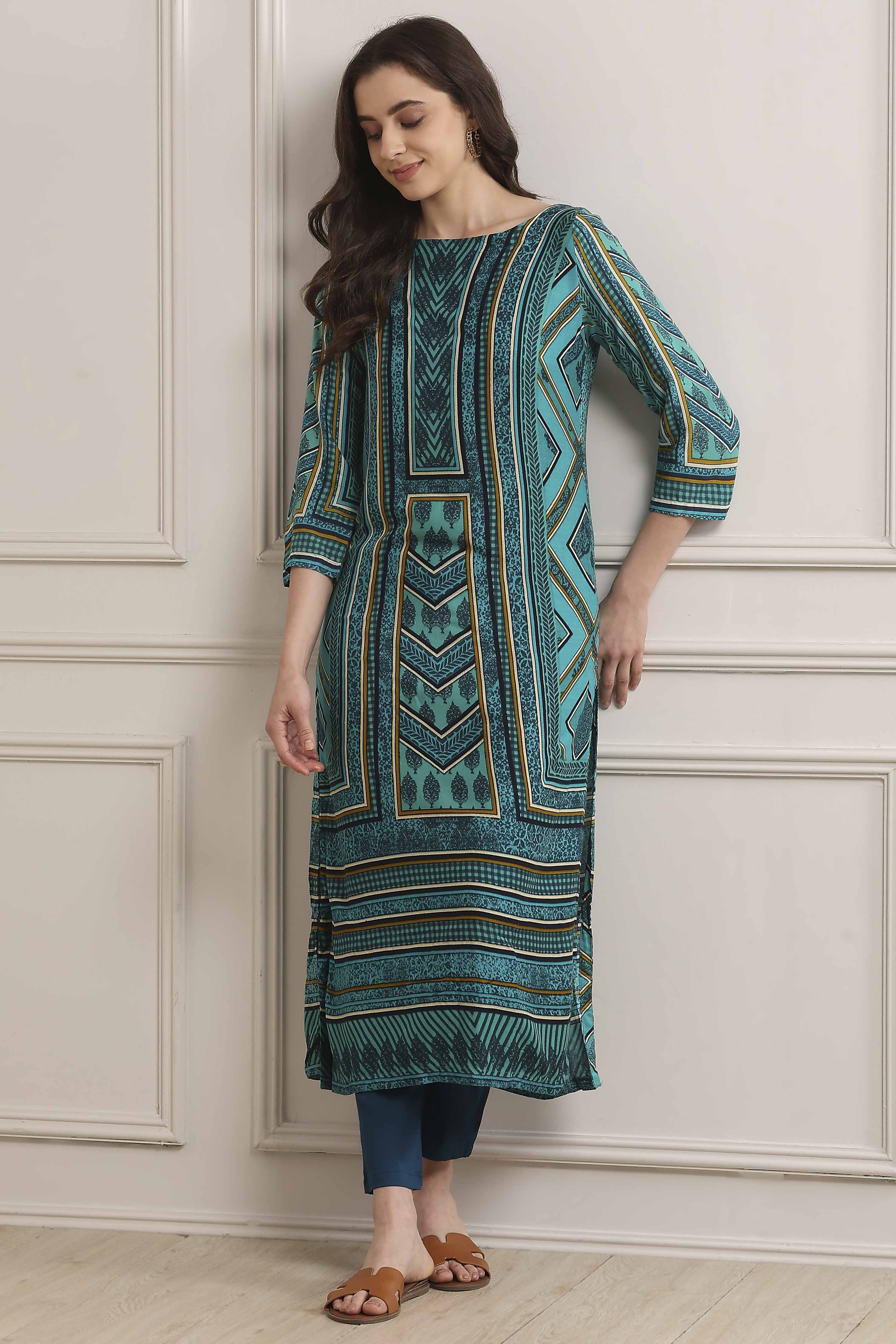 Turquoise LIVA Straight Printed Kurta image number 0