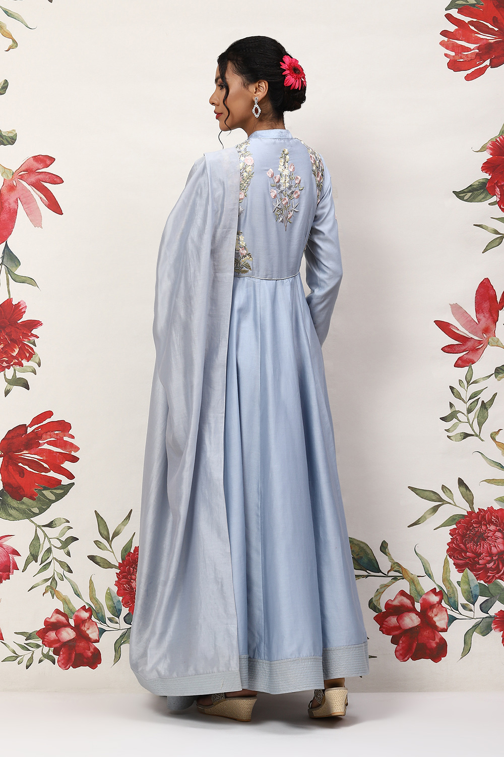 Rohit Bal Powder Blue Cotton Blend Anarkali Kurta Suit Set image number 4