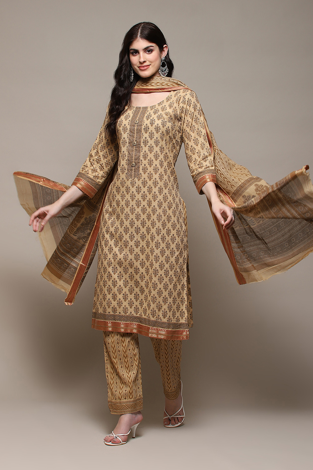 Coffee Brown Cotton Hand Embroidered Unstitched Suit Set image number 1