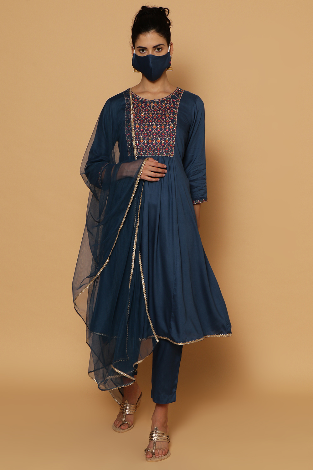 Blue Rayon Kalidar Kurta Slim Pant Suit Set image number 0