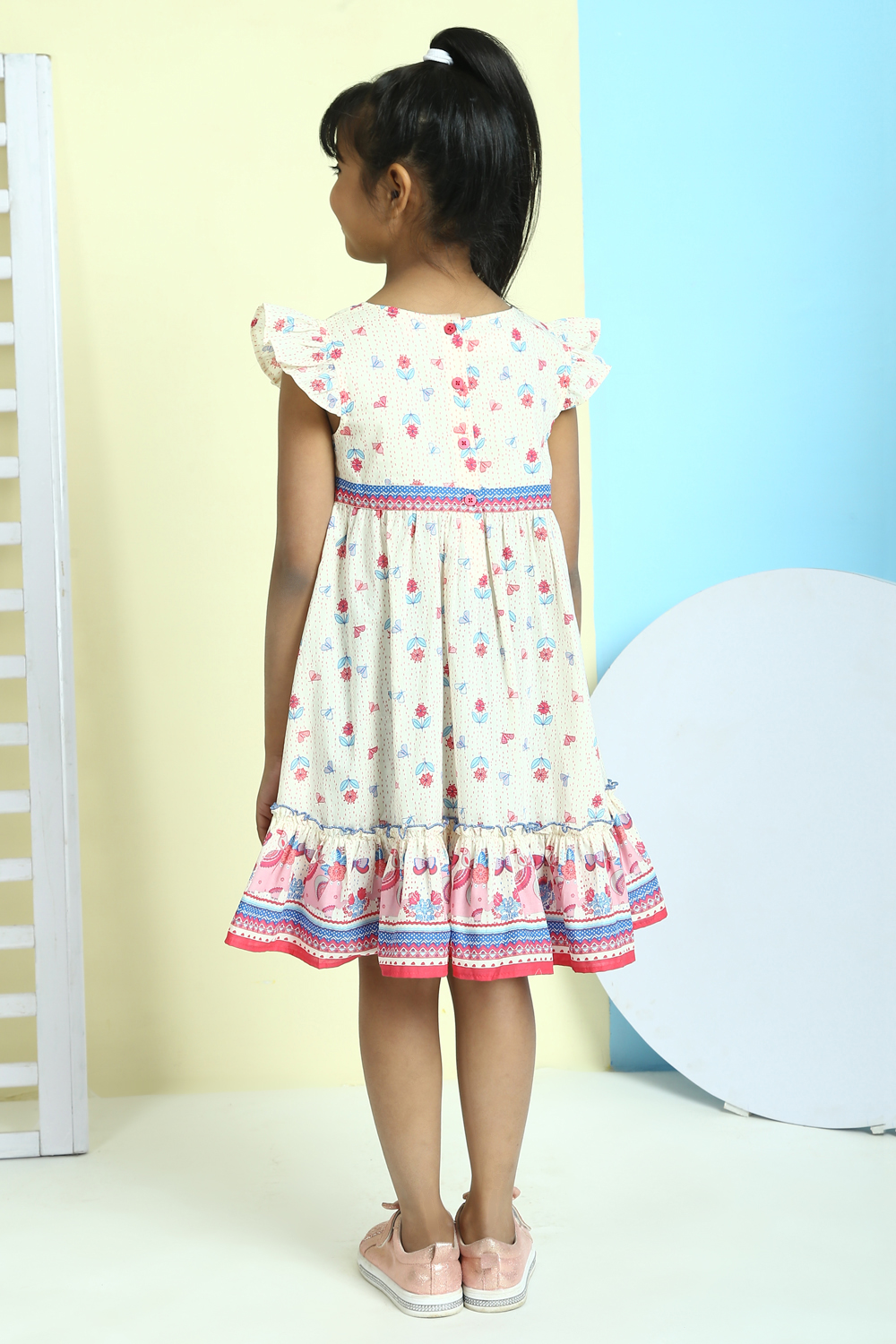 Cream Cotton A-Line Printed Dress image number 5