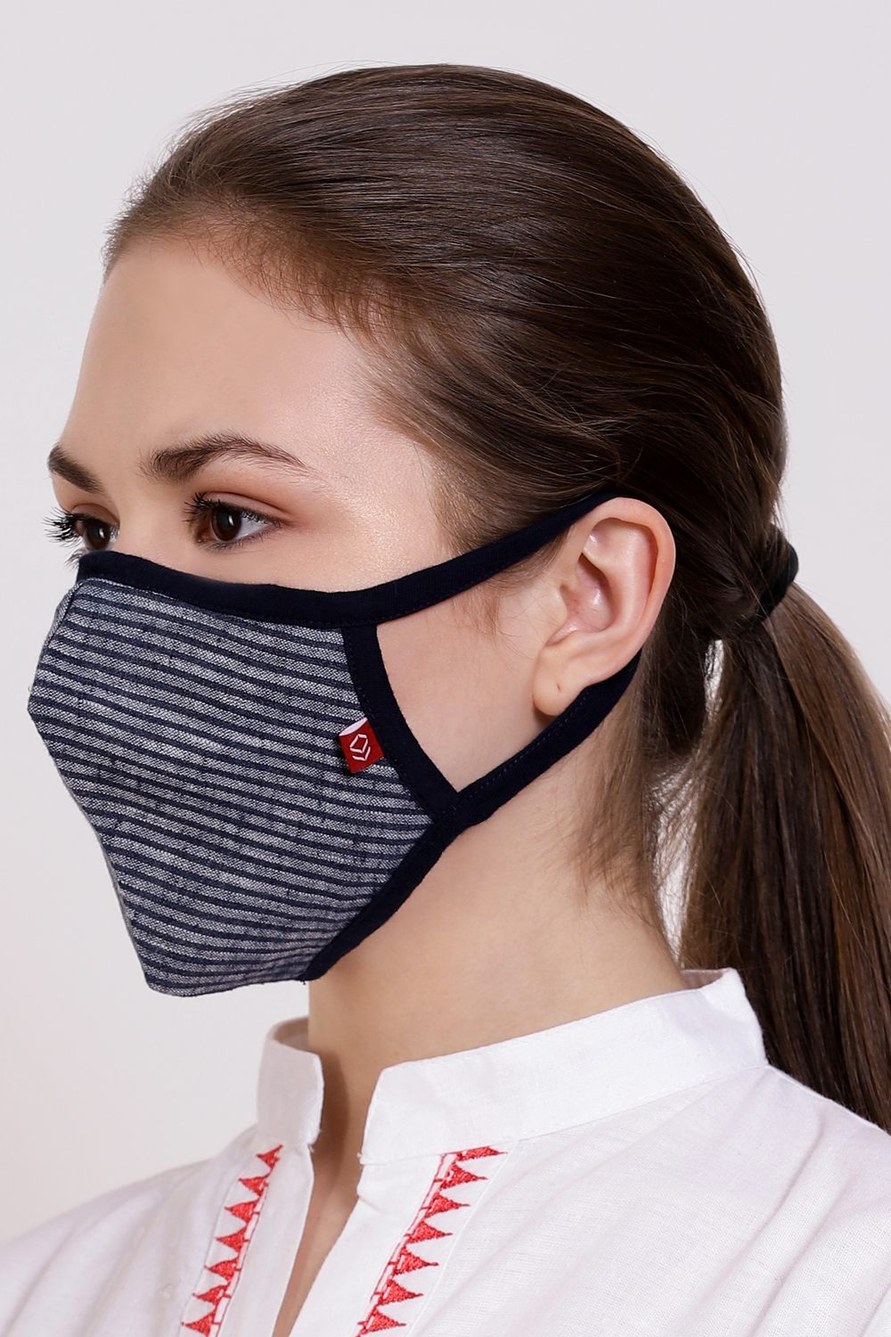 Blue Striped Cotton Yarndyed Face Mask image number 1