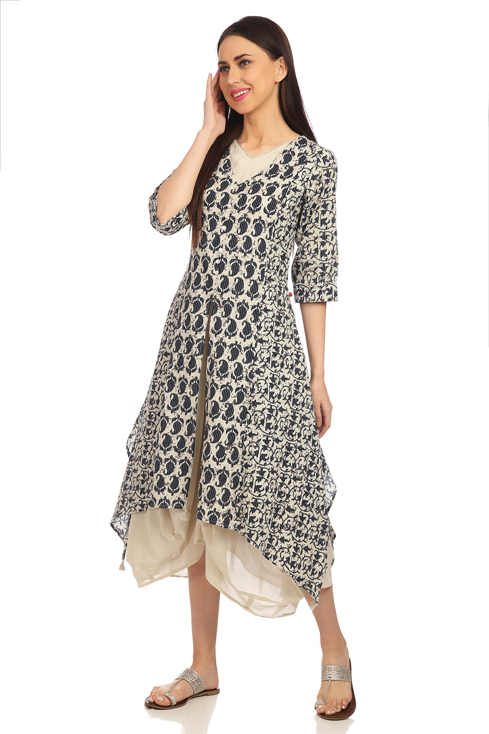 Off White And Navy Front Open Cotton Printed Dress image number 3