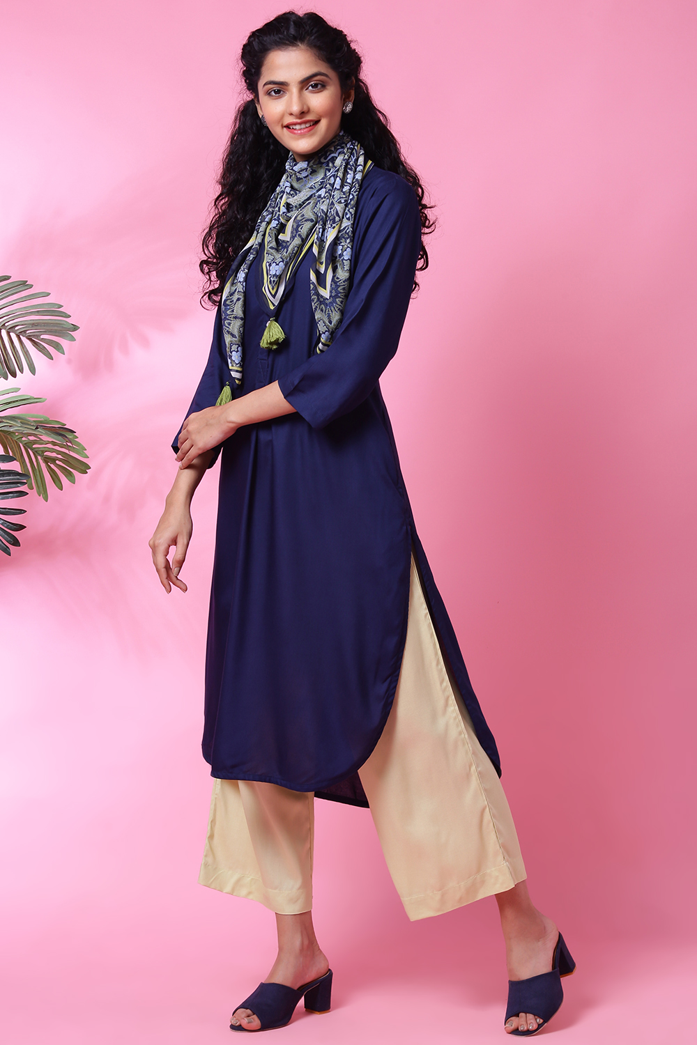 Navy Rayon Straight Kurta Palazzo Suit Set image number 2