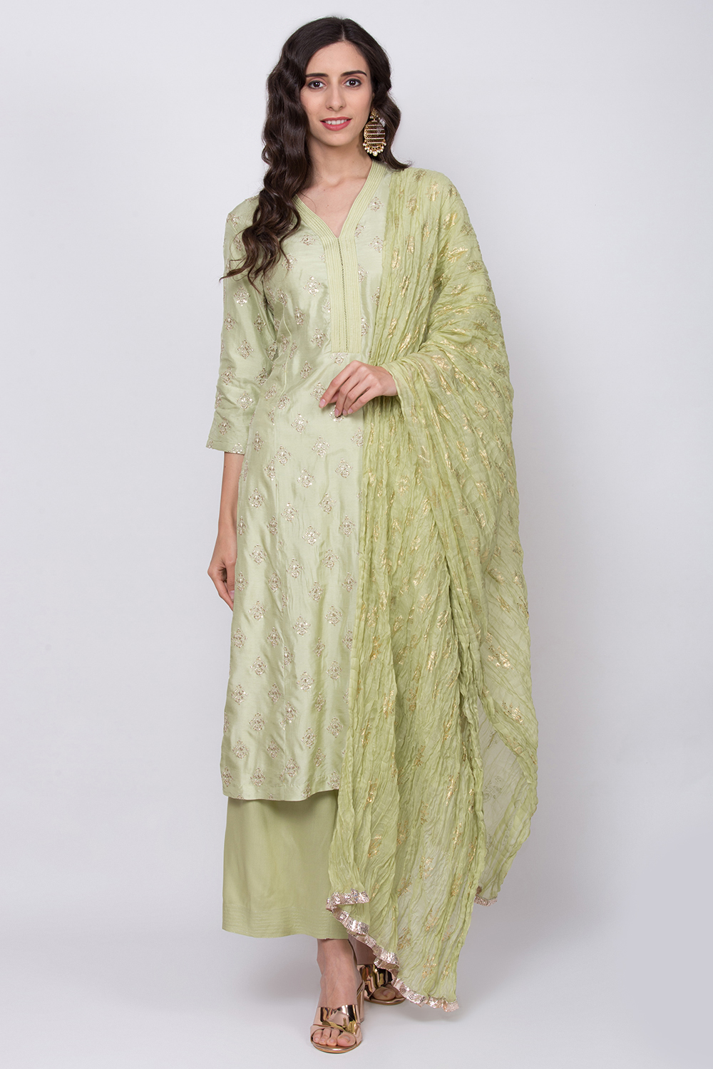 Green Cotton Silk Straight Kurta Palazzo Suit Set image number 0