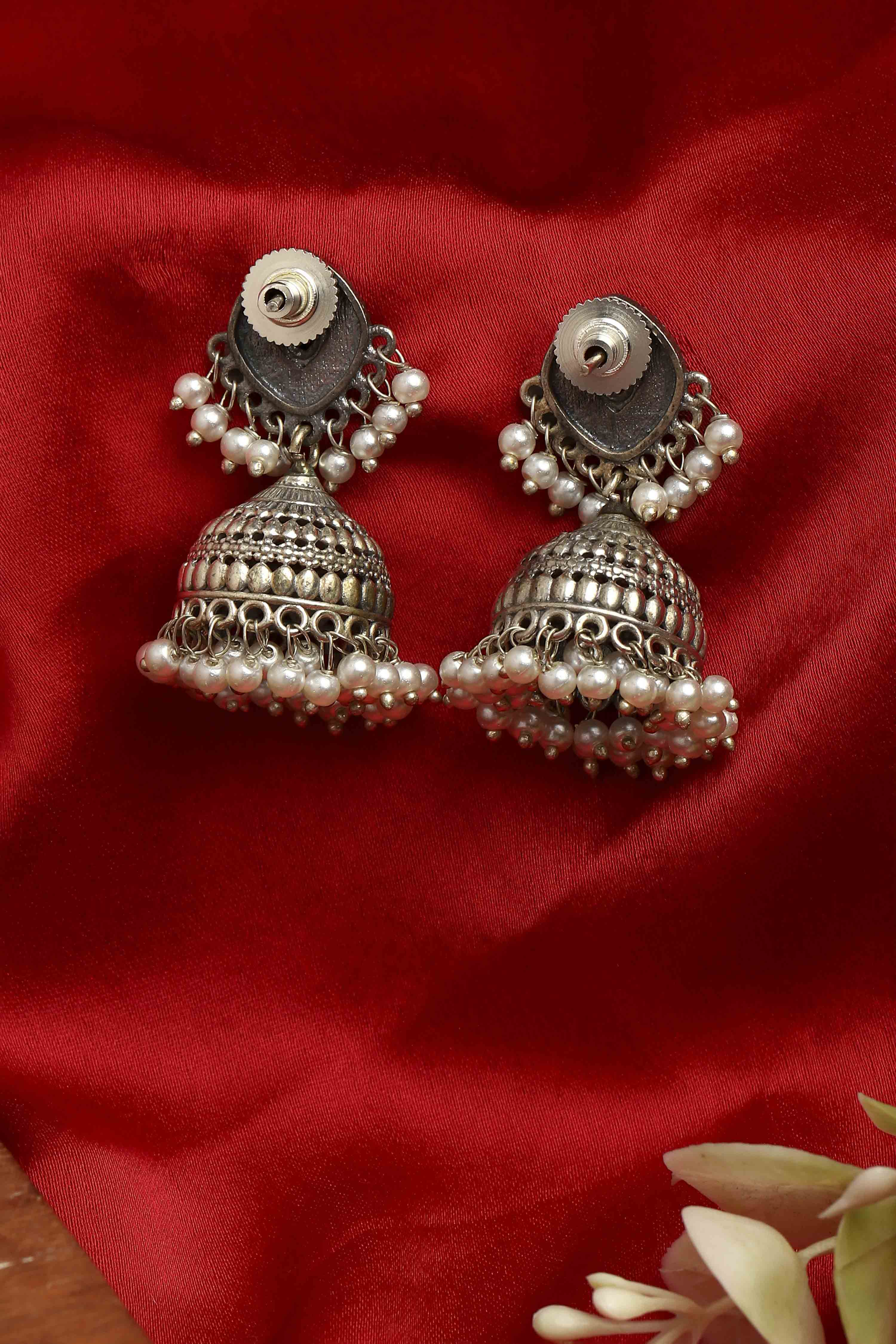 Black Oxidised Brass Studded Jhumkas image number 2