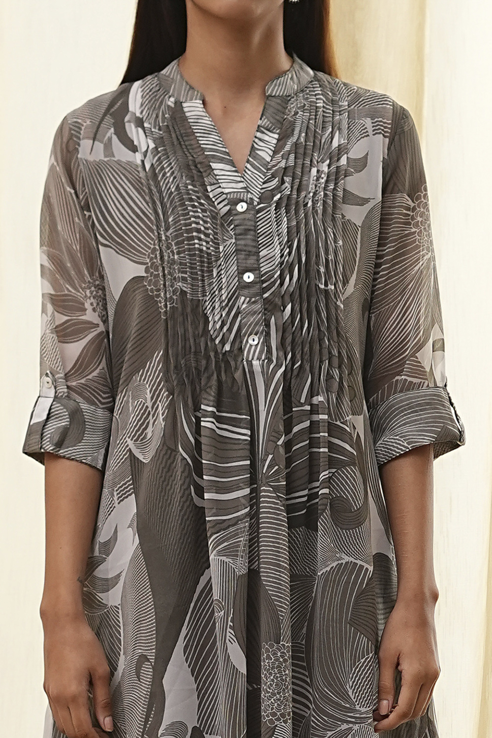 Blue Printed Pleated A-Line Kurta image number 1