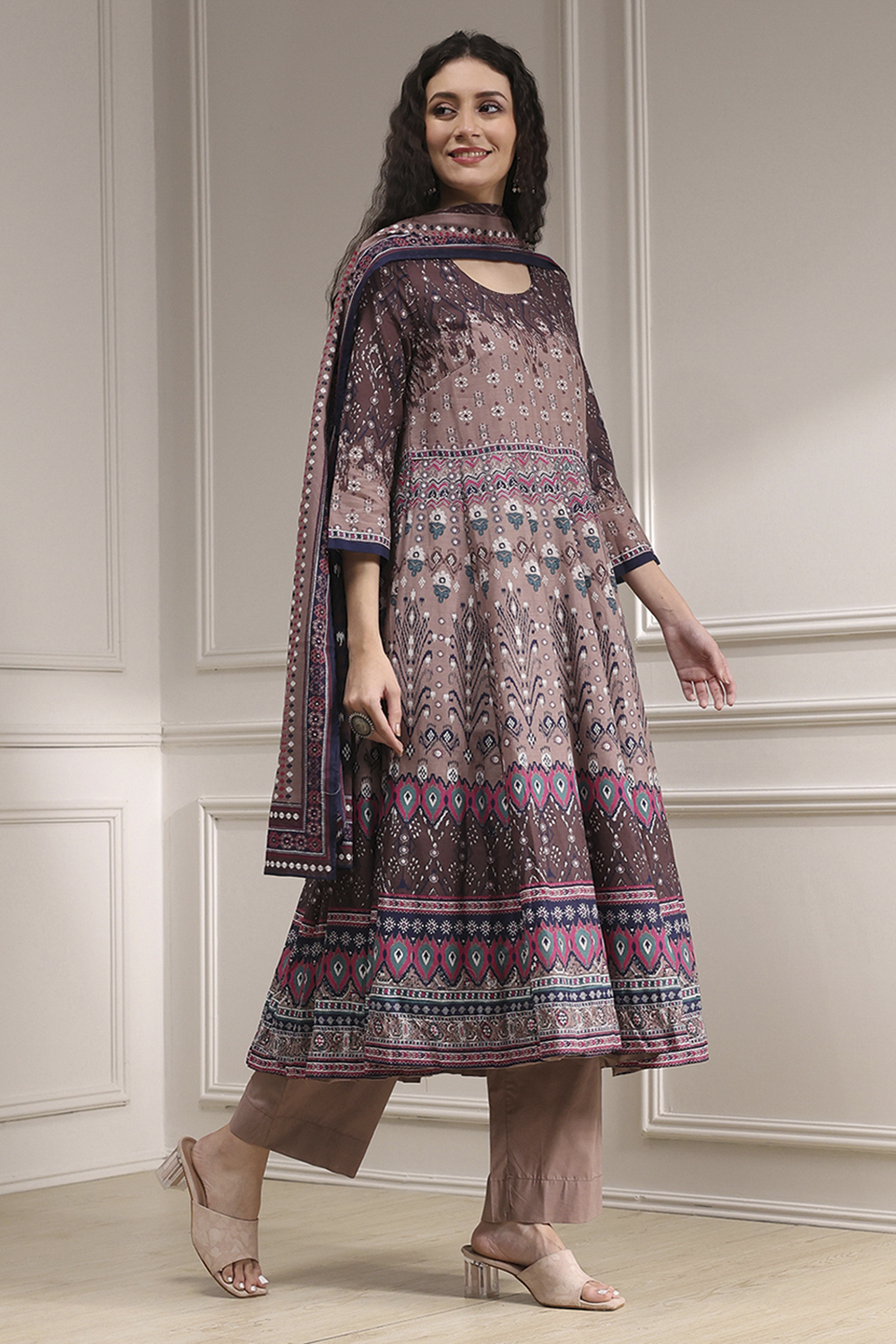 Lilac Cotton Printed Anarkali Suit Set image number 5