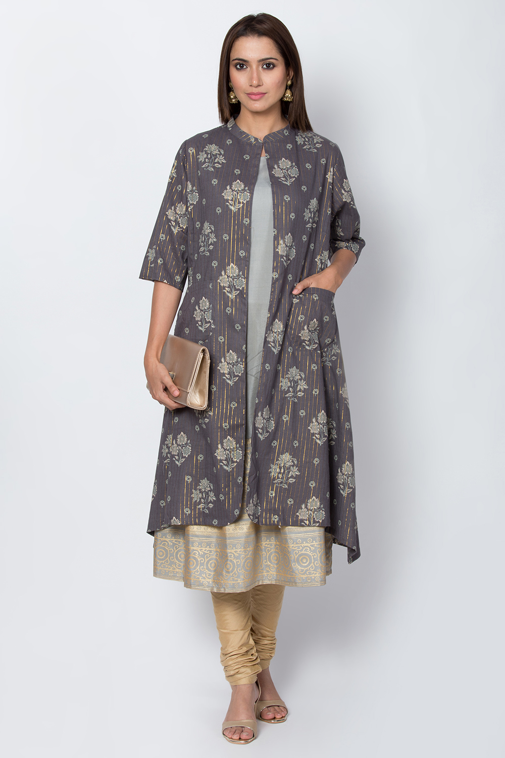 Light Grey Metallic Cotton Front Open Printed Kurta image number 3